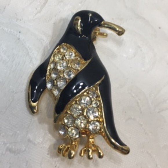 VTG Penguin Enamel Rhinestones Black & Gold Sparkly Brooch Pin 1.5" - Picture 3 of 8